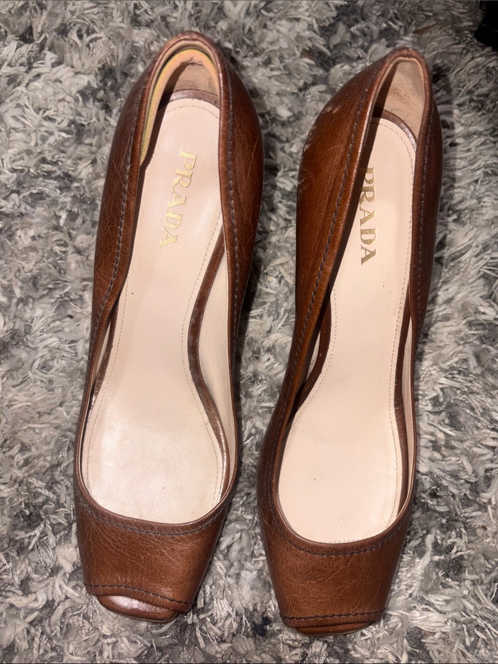 Prada Women’s Brown Leather Wedge Peep-Toe Pumps Size 40.5